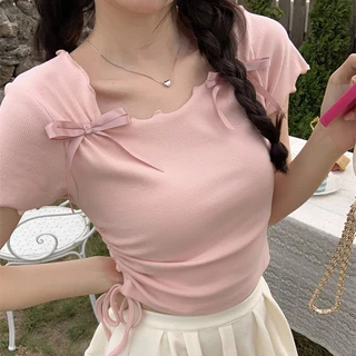 Áo crop top ngắn tay mùa hè dành cho nữ có cổ vuông và nơ, siêu dễ thương khi đi chơi