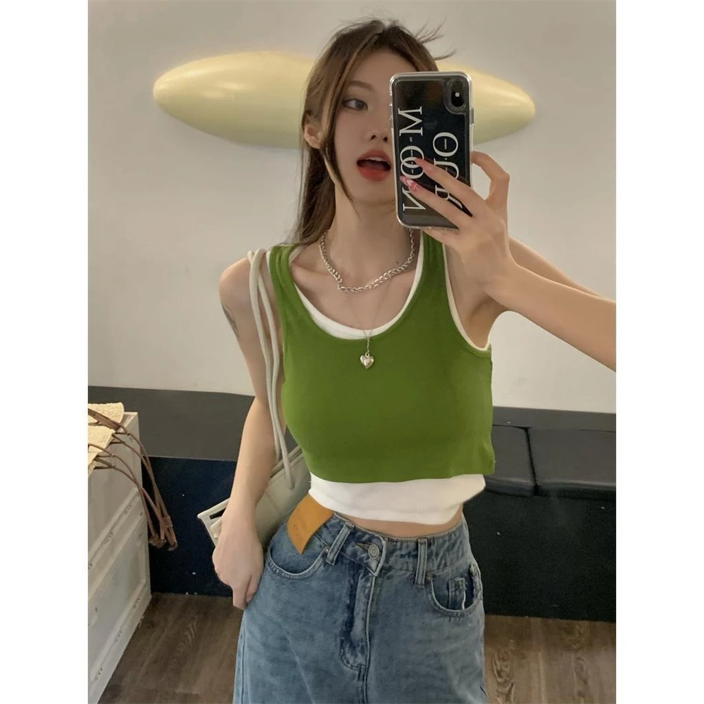 Áo ống ngắn tương phản mùa hè Hàn Quốc Slim Fit dành cho nữ 240307