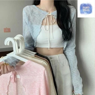 Áo Khoác Mỏng Tay Dài Dáng Croptop Phối Sóng Nơ Thoáng Khí, Áo Khoác Cardigan Len Lưới Đan Thời Trang Nữ | Thảo Chi