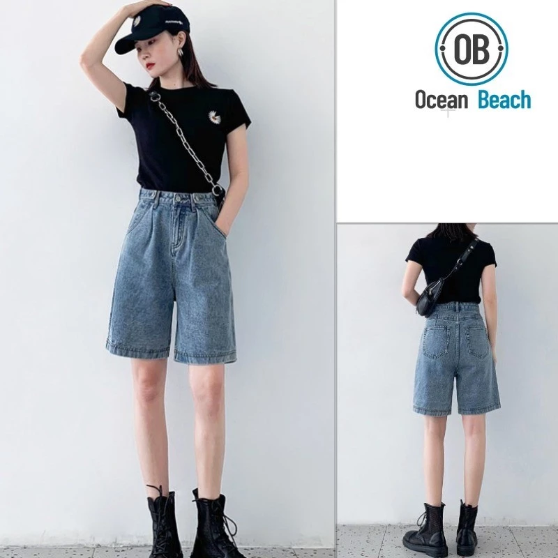 Quần Short Denim Cho Nữ, Mùa Hè Rời Phong Cách Hàn Quốc Eo Cao Mỏng Co Giãn Eo Thẳng Ống Rộng Giữa Quần