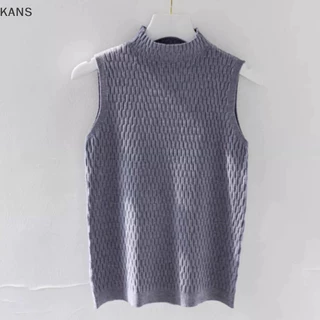 Kans Mùa Hè Hàn Quốc Nửa Cổ Rùa Áo Vest Dệt Kim Nữ Màu Trơn Không Tay Slim Top vn