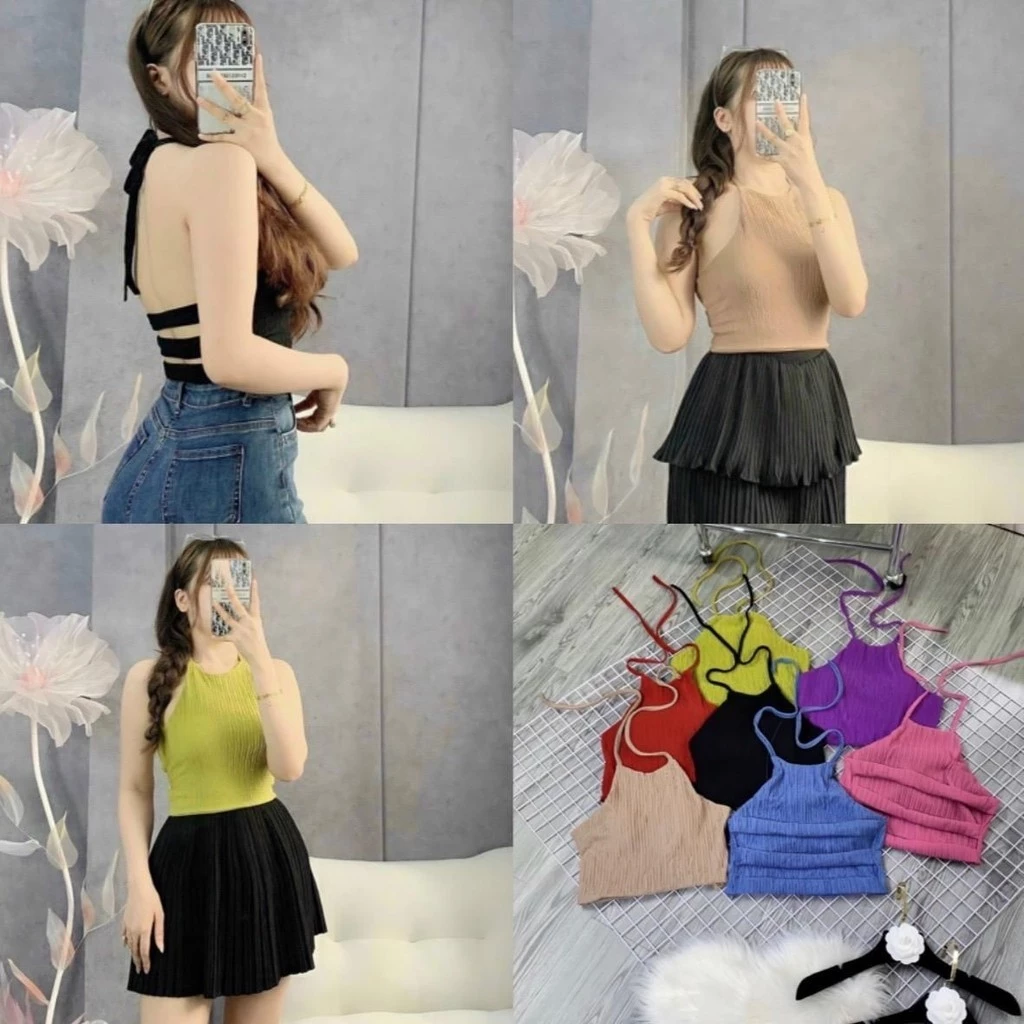 Áo yếm xốp hở lưng 3 dây ngang kiểu dáng croptop có mút   , chất thun xốp dày dặn