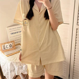 Bộ đồ Pijama nữ bộ đồ ngủ mặc nhà ngắn tay quần đùi họa tiết kẻ mặc dễ chịu thoải mái