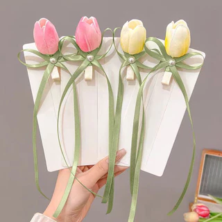 Kẹp tóc ruy băng nơ hoa Tulip ngọt ngào Phụ kiện tóc thời trang cho bé gái