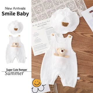 Mùa Hè Mới Cho Bé Onesie Bé Trai Và Bé Gái Không Tay Body + Mũ 0-2 Tuổi Sơ Sinh Gạc Đồ Chơi Cotton Nguyên Chất Áo Liền Quần Gấu Có Mũ Quần Áo Đi Chơi Phong Cách Hàn Quốc