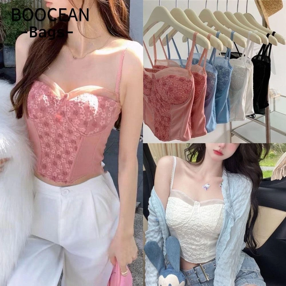 Áo hai dây ren gợi cảm, Áo dây đeo hoa ngắn ren, Dây đeo co giãn mềm mại thoáng khí Crop Top Nữ