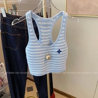 Preppy Phong Cách Xanh Sọc Dệt Kim Camisole Nữ Mùa Hè 2024 Phong Cách Mới Retro Mỹ Hot Girl Cao Cấp Eo Ngắn Top