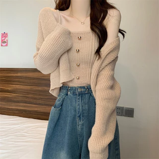 Áo khoác Cardigan dệt kim dài tay nhẹ nhàng dành cho nữ Khăn choàng hai mảnh Bộ đồ ngắn