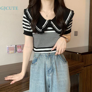 Gjcute Mùa Hè Ngọt Ngào Cổ Búp Bê Dệt Kim Áo Thun Nữ Sọc Tay Ngắn Crop Top WTD