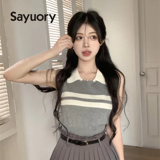 Sayuory Nữ 2024 Đại Học Sọc Cổ Áo Polo Màu Sắc Tương Phản Áo Vest Dệt Kim Không Tay