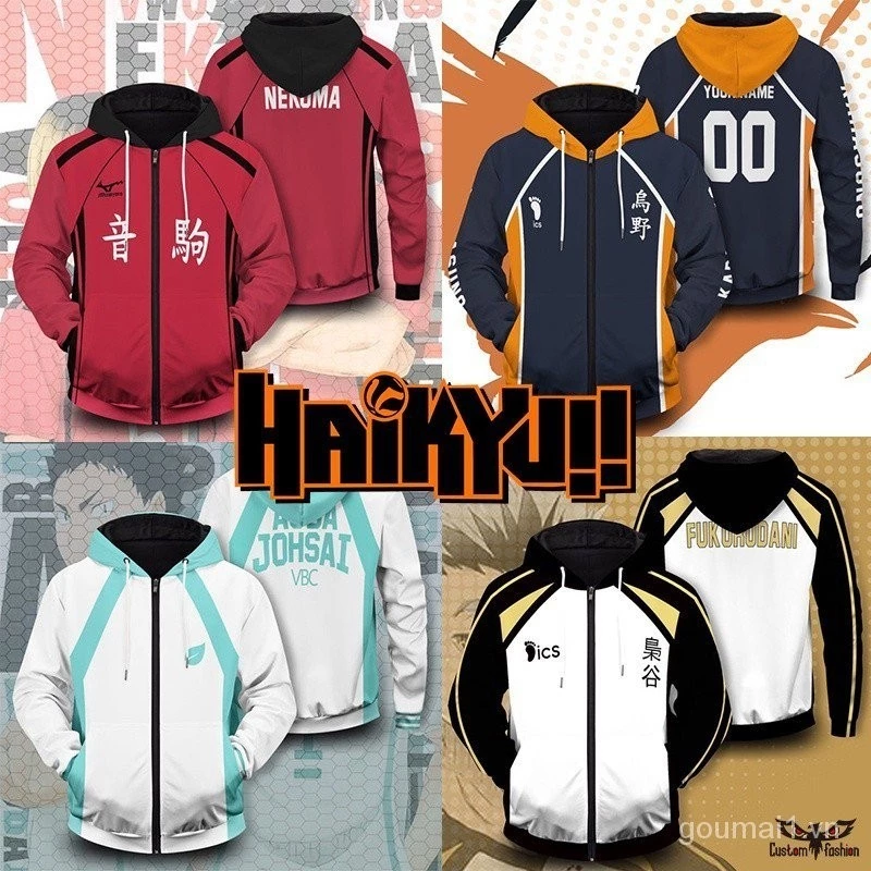 [Customfashion] Anime Haikyuu Zip Áo Hoodie Karasuno Nekoma Quá Khổ Cosplay Có Mũ Trùm Đầu 3D In Dây Kéo Áo Khoác FTFO