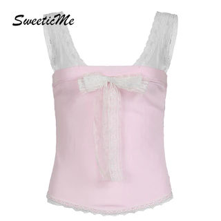 Sweeticme Nữ 2024 Thời Trang Mới Gợi Cảm Nơ Ren Nối Tất Cả Trận Đấu Xe Tăng Áo Camisole