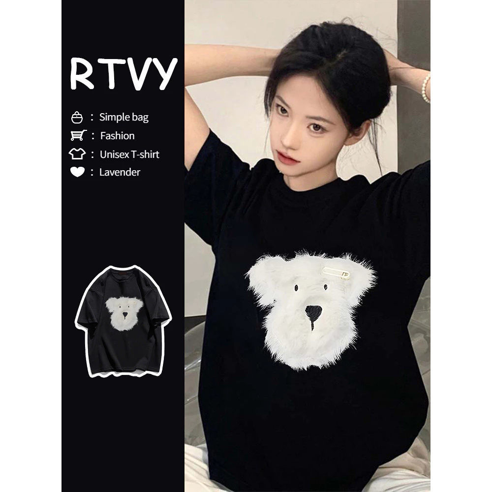 「RTVY」Áo thun Cotton ngắn tay nguyên chất in hình gấu dáng rộng thường ngày Oversize dành cho nữ