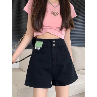 Đen Cao Cấp Denim Quần Short Nữ Mùa Hè Mỏng Phong Cách Kích Thước Lớn Ôm Hơn Nhìn Bao Bụng Nhỏ Chữ a Rộng Quần Nóng