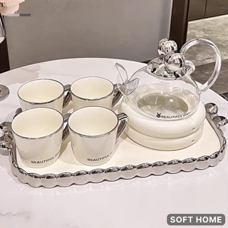 Bộ ấm trà thủy tinh kèm cốc gốm sứ và khay màu trắng làm quà tặng, bộ ấm chén uống trà cốc sứ cao cấp decor phòng khách