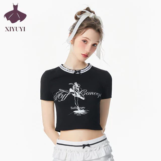 Xiyuyi Nữ Mới Hot Girl Ren Ngắn Tay Cotton Áo Thun Slim Fit Top