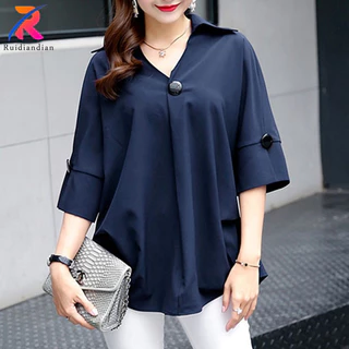 Ruidiandian Plus Size Áo Sơ Mi Nữ Phong Cách Hàn Quốc Cổ Chữ V 3 / 4 Tay Áo Sơ Mi Voan Nữ Thường Ngày Top Mùa Hè Áo