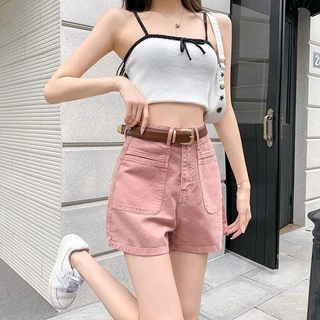 [Imove] Quần short Denim màu hồng nữ phong cách Hàn Quốc Quần short bỏ túi lưng cao chữ A Quần ống rộng giảm béo