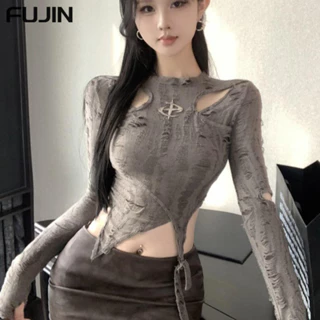 FUJIN áo phông áo thun nữ croptop baby tee hàn quốc Cổ điển Thời trang Korean WTX2430FTB 11Z240316