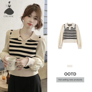 Crlnhc Áo sweater Dệt Kim Cổ Chữ v Họa Tiết Kẻ Sọc Màu Tương Phản Thời Trang Mùa Thu Cho Nữ