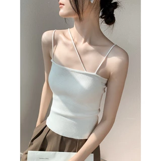 Pháp xiên Vai Dệt Kim Camisole Nữ Mùa Hè 2024 Mặc Bên Ngoài Thiết Kế Bên Trong Ngắn Top Ống Top