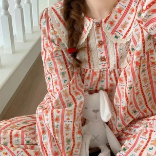 Yuewen Xuân Thu Bộ Đồ Ngủ Nữ Ngọt Ngào Cổ Búp Bê Gấu Dài Tay Phù Hợp Với Loungewear Có Thể Mặc Bên Ngoài