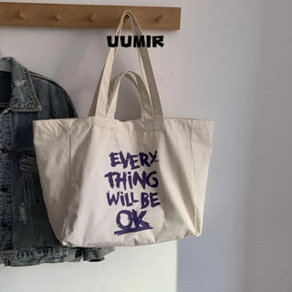 UUMIR Túi đeo vai bằng vải Canvas, Túi Tote nữ in chữ, Túi xách nữ thông thường Túi đi biển mua sắm có thể tái sử dụng