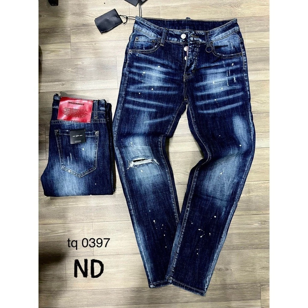 Quần jeans DSQ Jean Xanh Vẩy Sơn Quần Bò DSQ Vẩy Sơn Xanh Sáng Chất Co Giãn Phối Loang MQU 079