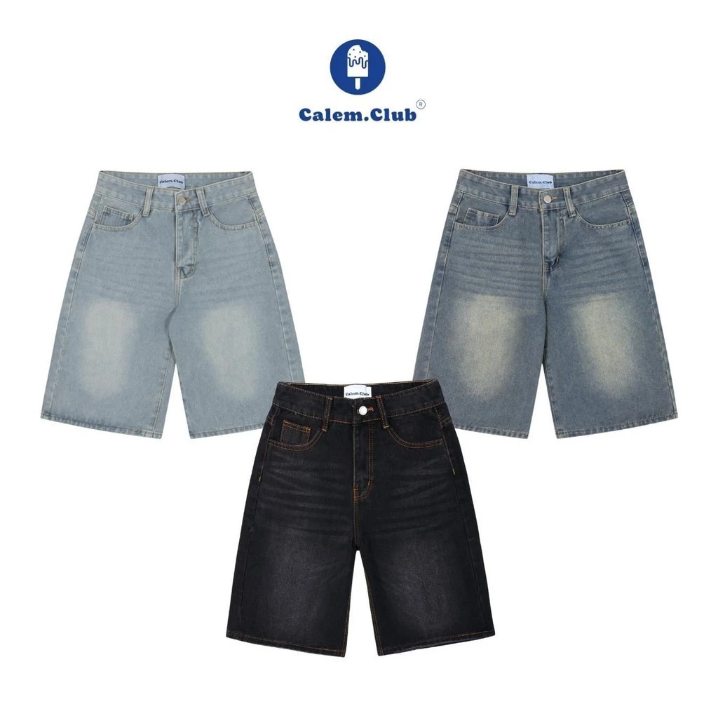 Quần Short Jeans lửng Calem.Club wash cạp thấp ống rộng form unisex nam nữ