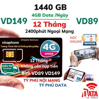 Sim 4G Vinaphone VD89 VD149 Miễn Phí Data 2GB - 4GB 1 Ngày Tốc Độ Cao Và Gọi 12 Tháng.