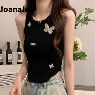 Joanajoe Nữ Tank Top 2024 Thời Trang Bướm Trang Trí Cổ Tròn Ôm Vừa Viền Dệt Kim Thường Ngày