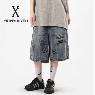 Yipinyouyou Xu hướng quốc gia retro phong cách Hàn Quốc quần short denim graffiti dành cho nam và nữ mùa hè dáng rộng giản dị ống rộng quần crop