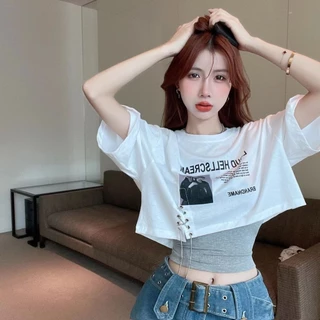 Croptop Mùa Hè Đầm ins Thiết Kế Cảm Thấy Hơi Béo Chính Hãng Vai Ôm Hơn Áo Thun Nữ Eo Cao Crop-Mù Ngắn Ngọt Ngào Mát Hot Girl Top Hai Mảnh CHRN