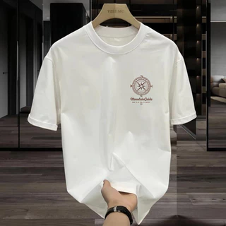 S-5xl 2024 Mùa Hè Cotton Plue Size Phong Cách Hàn Quốc Thời Trang Rời Cổ Tròn Nam Tay Ngắn Họa Tiết Chữ In Áo nam Đen / Trắng