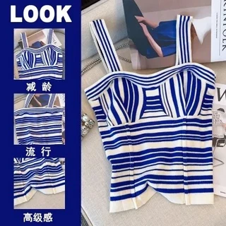 Balamy Thiết Kế Niche Sọc Dệt Kim Camisole Nữ Mùa Hè Phong Cách Mới Retro Sang Trọng Không Tay Top Thẻ Eo Áo Sơ Mi Nhỏ