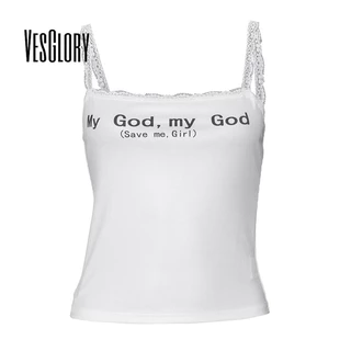 Vesglory Nữ Chữ In Xe Tăng 2024 Thời Trang Mới Ren Màu Trơn Ngắn Suspender Top