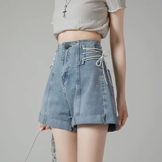 Mùa Hè 2024 Phong Cách Mới Cao Cấp Quần Short Denim Nữ Thiết Kế Dây Ôm Hơn Nhìn Rời Rộng Chữ a Quần Nóng