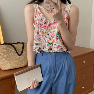 Balamy Mùa Hè Phong Cách Mới Văn Học Phong Cách Thêu Móc Áo Vest Pháp Retro Hoa Màu Sắc Phù Hợp Ngắn Nhỏ Camisole Top Bên Ngoài Mặc Nữ