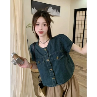 Phiên Bản Hàn Quốc Retro Puff Tay Ngắn Denim Top Nữ Tất Cả Trận Đấu Mỏng Hơn Nhìn Giảm Tuổi Cổ Tròn Áo Sơ Mi Một Quấn♥3.29