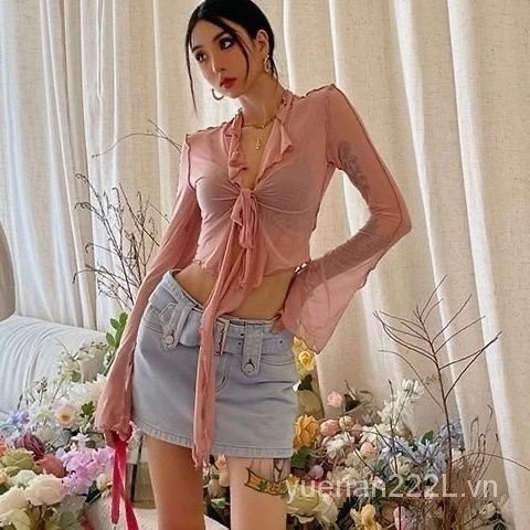 Phong Cách Mới Hoang Dã zerocircle Lưới Cardigan Nữ Mùa Hè Pháp Hot Girl Rend-Up Trumpet Tay Nhìn Xuyên Qua Mỏng Hơn Nhìn Ngắn Top YUHV