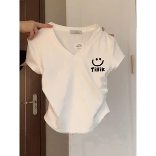 Xiaozhainv Quần áo nữ Hàn Quốc Thời trang cotton trắng xếp ly áo thun ngắn tay cổ chữ V