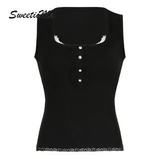 Sweeticme Nữ 2024 Thời Trang Mới Màu Sắc Tương Phản Ren Gợi Cảm Cổ Vuông Áo Camisole