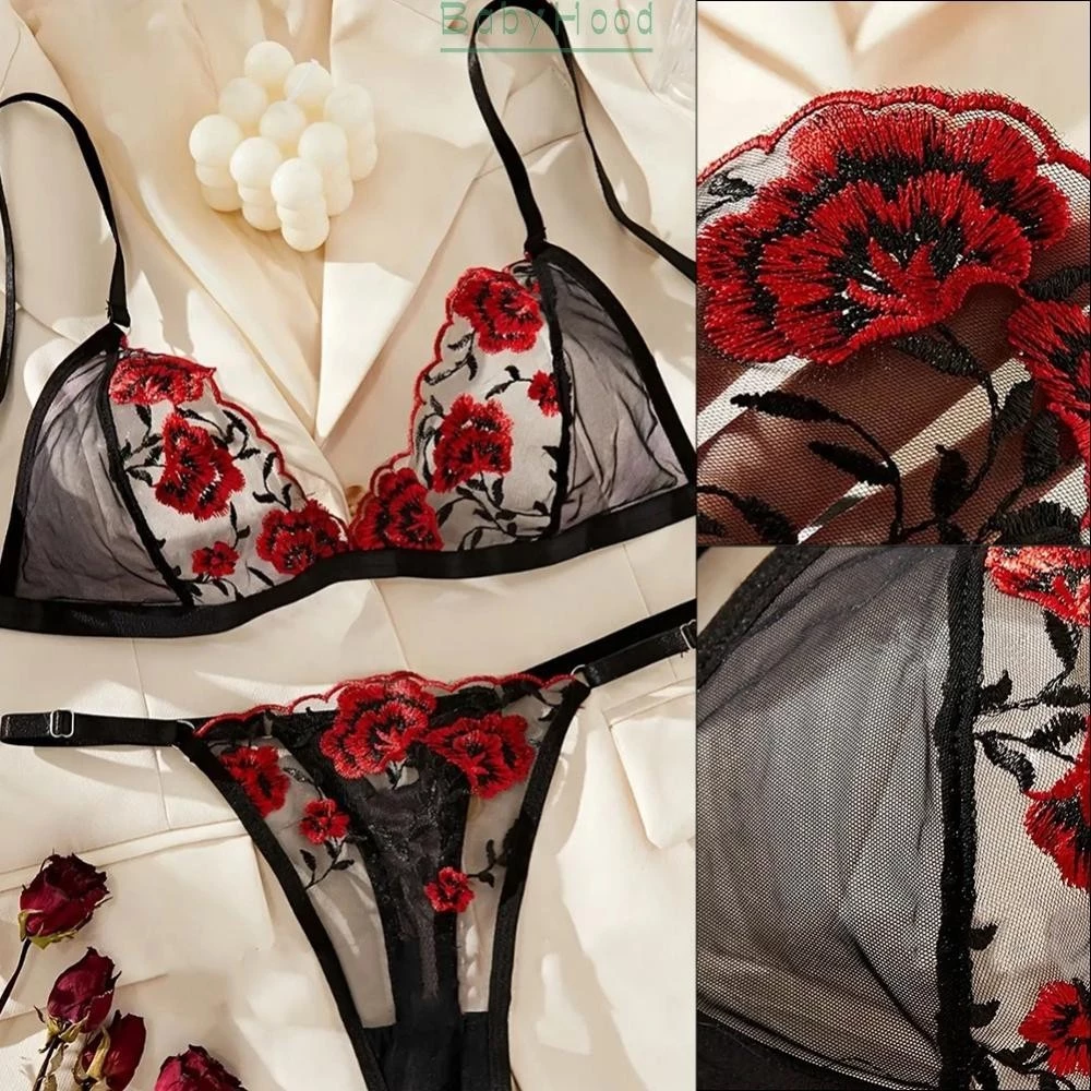 【Big Discounts】Women Floral Embroidery Lingerie Set Sheer Bra and Panty Underwear Set 2 Pcs#BBHOOD