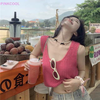 Hồngcool Mùa Hè Hotsweet Cổ Tròn Dệt Kim Top Nữ Màu Trơn Không Tay Rời Áo NÓNG