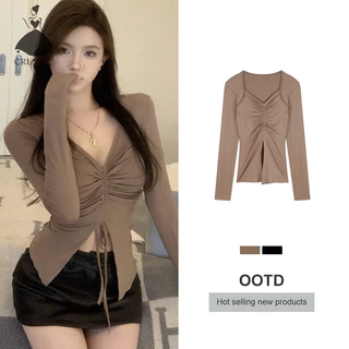 Áo Croptop Tay Dài Cổ Chữ v Phối Dây Rút Thời Trang Mùa Thu Quyến Rũ Cho Nữ