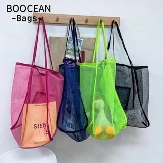 BOOCEAN Túi lưới đi biển, Tote lưới nhẹ dung tích lớn, Túi mua sắm lưới đeo vai đơn trong suốt thời trang Du lịch