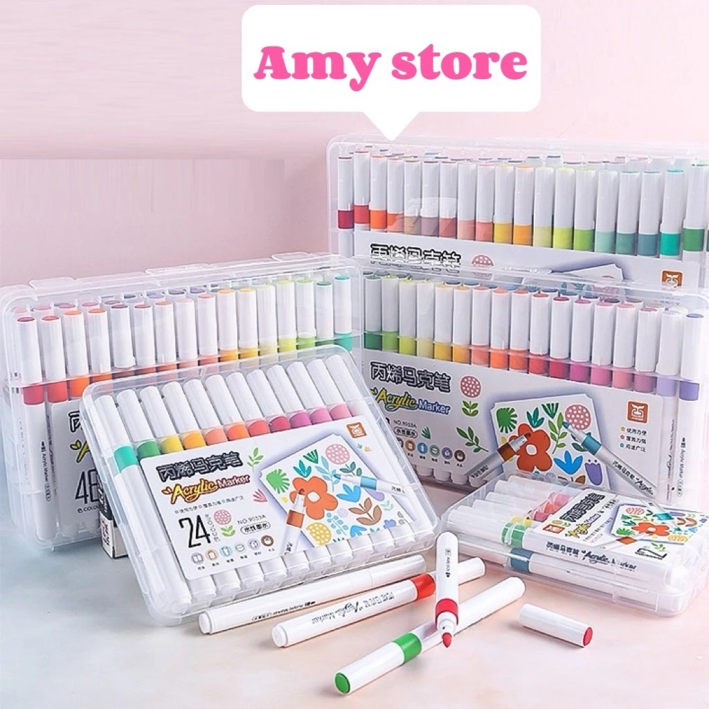 Bút màu Acrylic Marker Cao Cấp 12/24/36/48/60 bản mới vẽ áo, giầy, thủy tinh nhiều chất liệu sơn tường