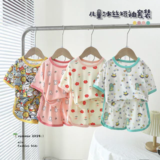 [Ml] Bộ quần Short ngắn tay 80-150cm dành cho trẻ em Mùa hè Ice Silk Quần áo gia đình in hoa nhỏ bé trai hoạt hình ngắn tay T
