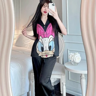 Bộ ngủ pijama nữ tay ngắn quần dài gấm xước ánh kim họa tiết Vịt