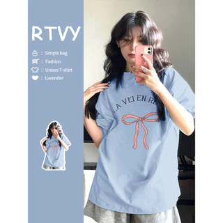 「RTVY」Áo thun Cotton ngắn tay Cotton nguyên chất mùa hè Oversize nơ dáng rộng thường ngày